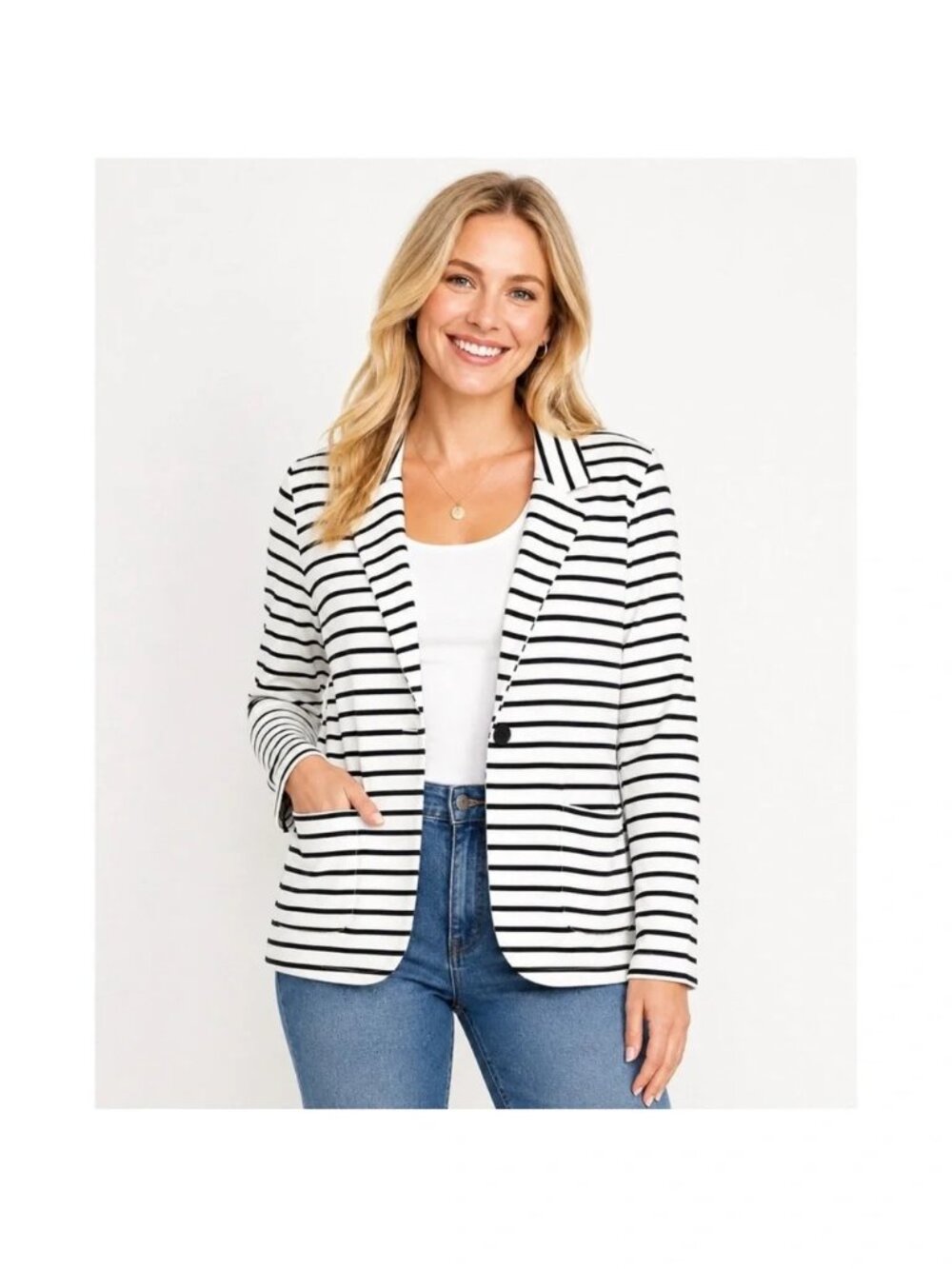 Old Navy White Navy Striped Knit Blazer Minimalist Workwear Classic Tall Large
